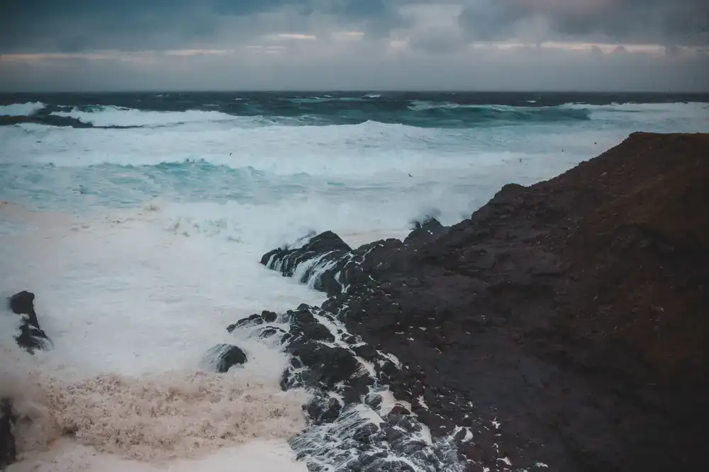 Crashing waves on a rocky shoreline